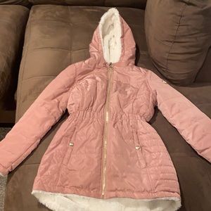 DKNY Dust Rose Girls' Puffer Anorak W/Faux Fur Revr